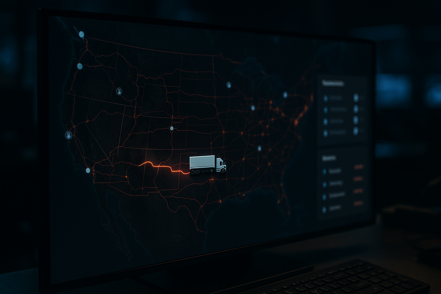 Truck route displayed on digital map.
