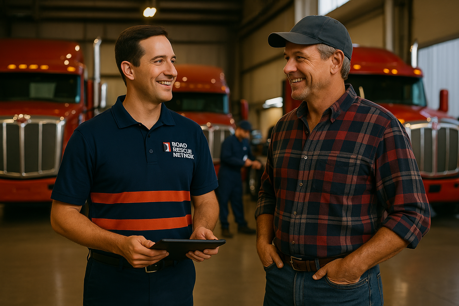 Two men discussing near trucks.