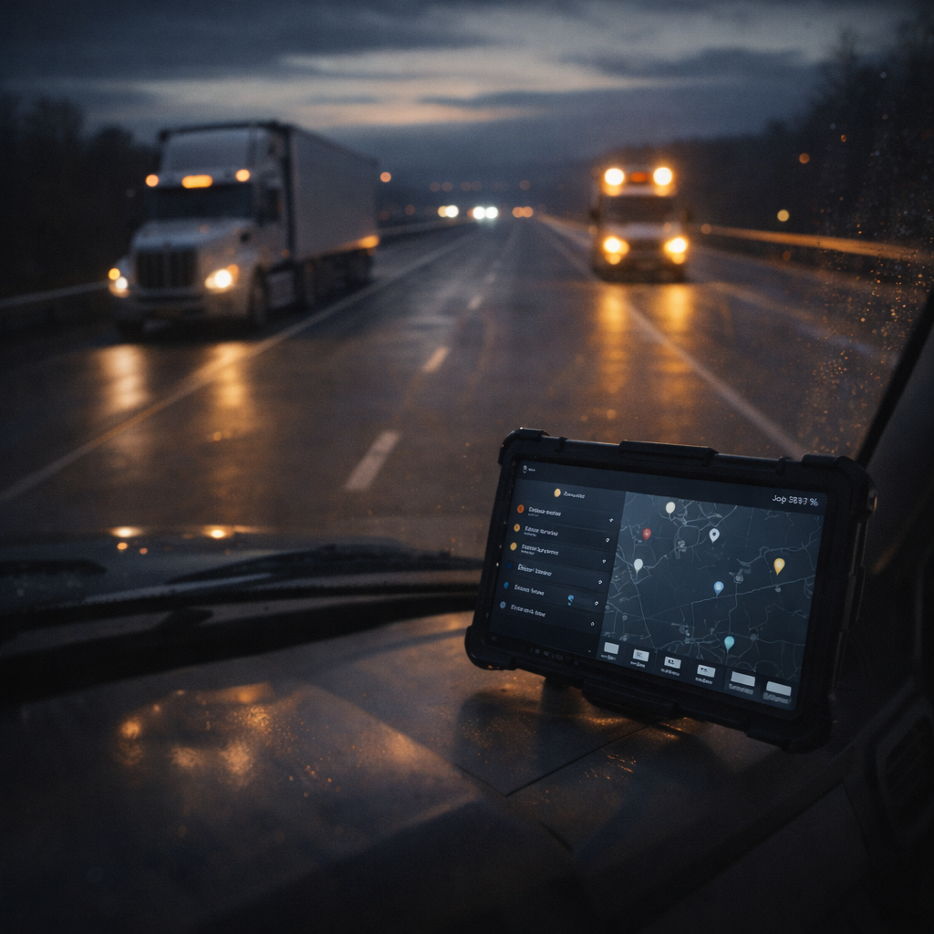 Truck on highway with navigation device