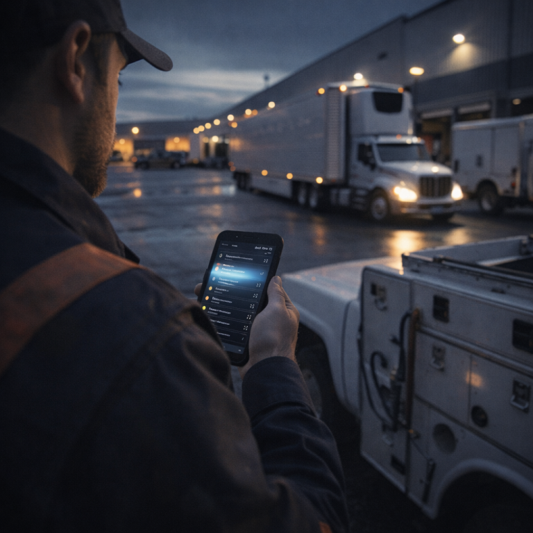 Man checking phone near trucks.