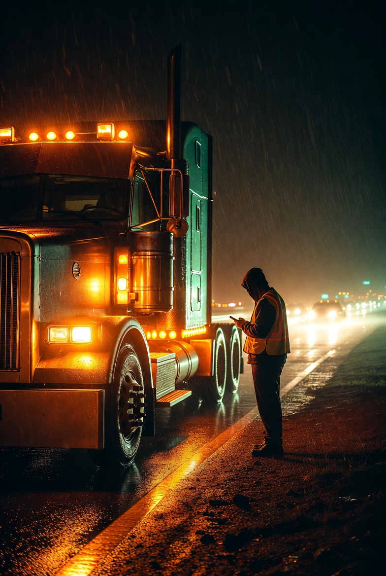 Truck on highway in rainy night