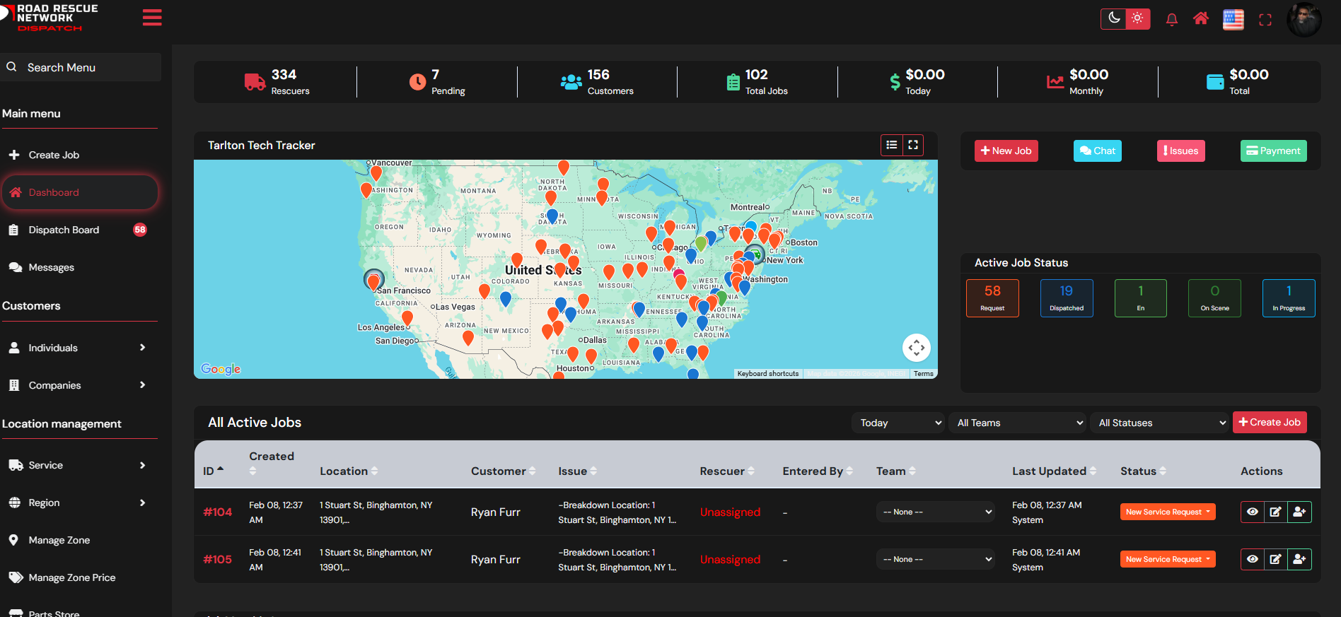 Map with active job locations displayed