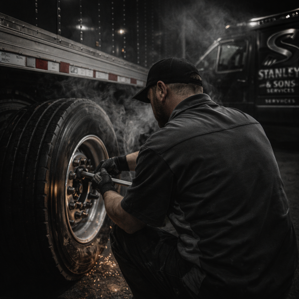 A mechanic in dark clothing works on a large truck tire at night, using a tool to adjust the bolts as steam or smoke rises around him. A service truck with Stanleys & Sons is visible in the dim background.