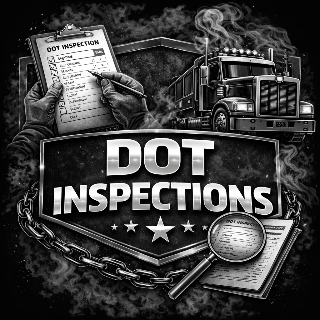 A black-and-white image features a large truck, a DOT inspection checklist, a magnifying glass, and bold text reading DOT INSPECTIONS on a shield background with chains and stars.
