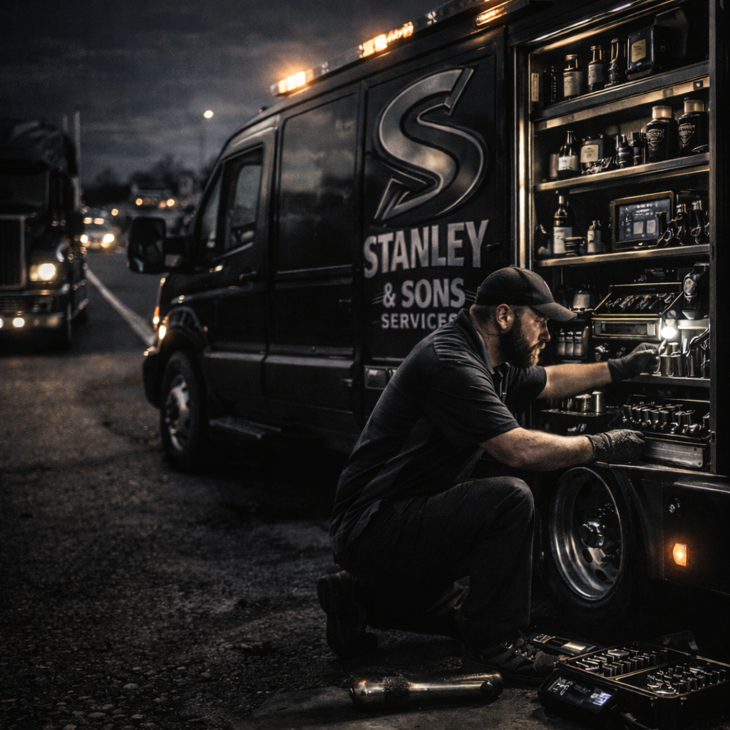 A mechanic kneels by an open service van labeled Stanley & Sons, selecting tools from organized shelves at night. Nearby, truck headlights shine on a dark roadside.