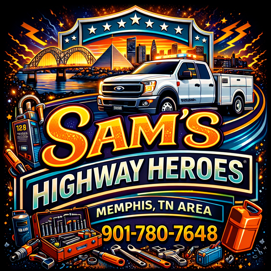 Colorful advertisement for Sam’s Highway Heroes in Memphis, TN, featuring a white utility truck, city skyline, Mississippi River bridge, and tools around bold contact info: 901-780-7648.