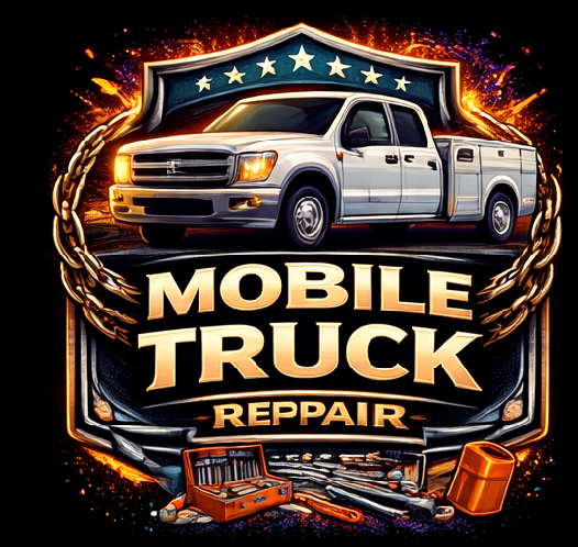 A white service truck with tool compartments is depicted above bold text reading Mobile Truck Repair. Tools and repair equipment are shown below, with a decorative badge and stars in the background.