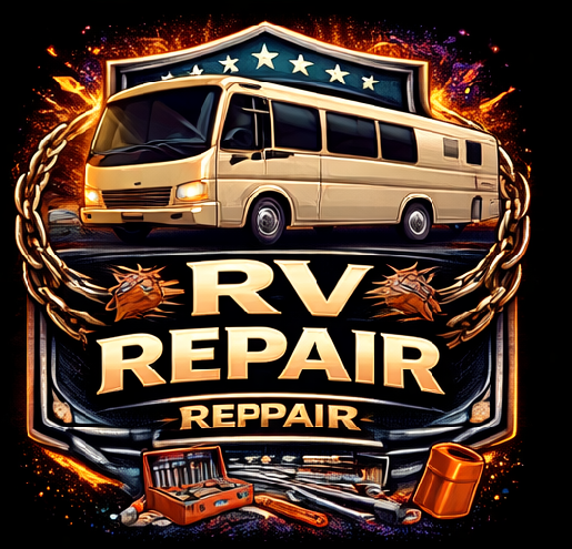 An illustrated RV with tools, stars, and flames surrounds a shield with the bold text RV Repair and Repair below, symbolizing a dynamic automotive repair service for recreational vehicles.