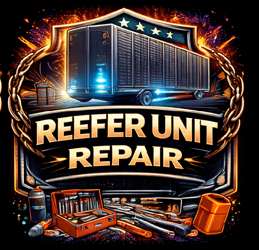 A stylized illustration of a refrigerated truck with glowing blue lights, surrounded by tools and mechanical parts, with bold text reading Reefer Unit Repair in the center.