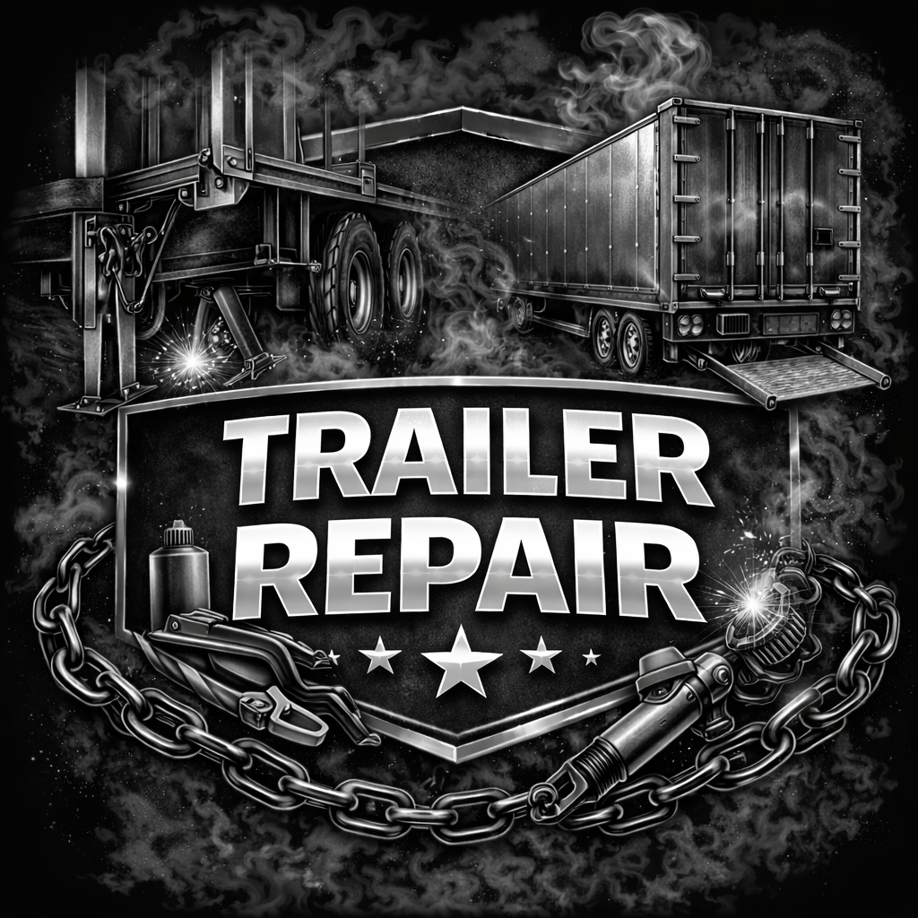 Black and white image showing trailers being repaired, with bold text Trailer Repair in the center, surrounded by tools, chains, and stars, evoking a strong industrial and mechanical theme.
